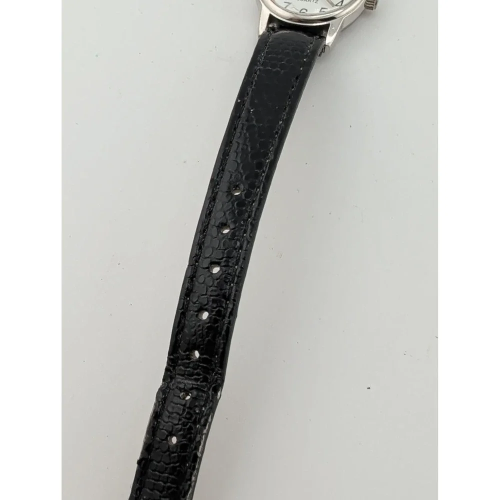 Women's Watch 23mm Silver Case Black Faux Leather Band- New Battery